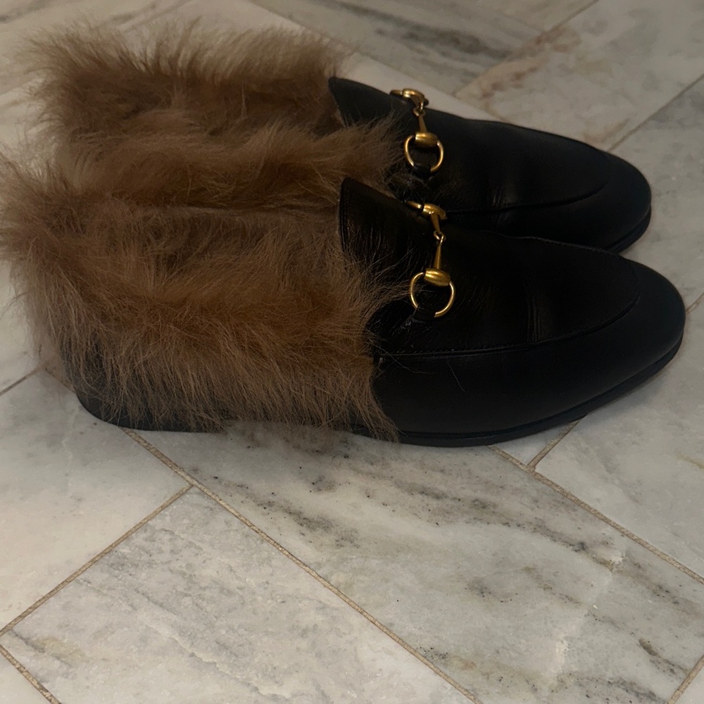 Black Leather Loafers with Brown Fur Trim